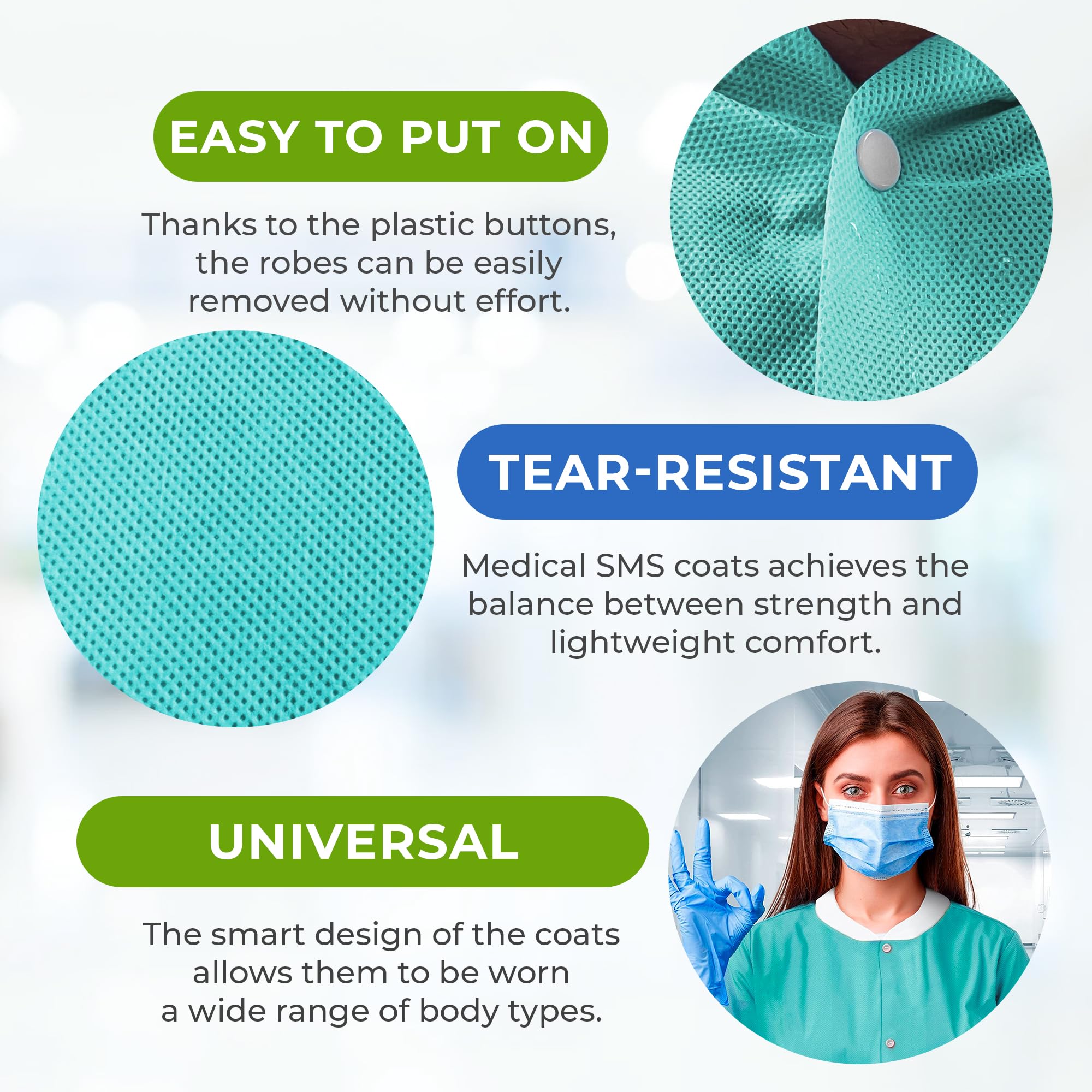 Disposable Lab Coats for Adults - 2X-Large Pack of 50, Teal Blue SMS Knee-Length Medical Lab Coats (45 GSM) with Cuffs, Collar & 3 Pockets - Ideal for Medical, Dental, Painting & Laboratory Use