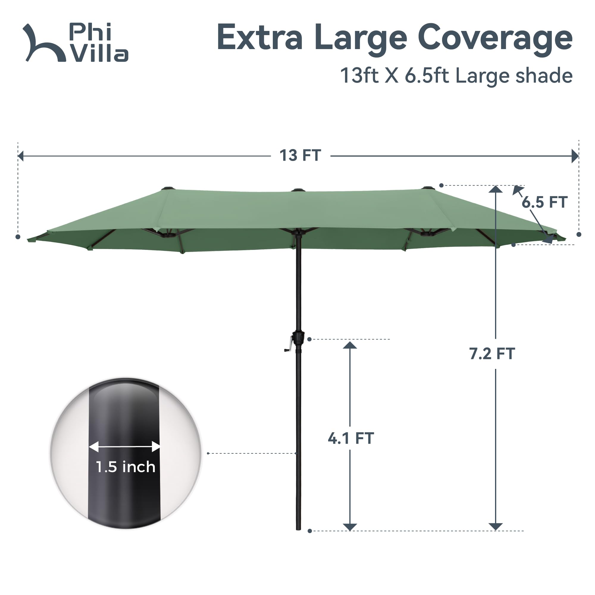 PHI VILLA 13ft Large Outdoor Patio Umbrella - Double-Sided Rectangle Sun Shade for Garden, Poolside & Backyard - Mint Green UV Protection Canopy for Dining & Relaxation