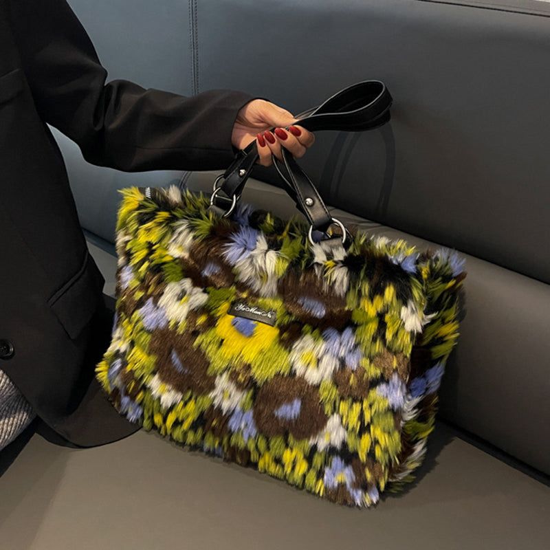 Women's Winter Plush Flower Shoulder Bag - Elegant Handbag for Casual Outings, Shopping & Travel