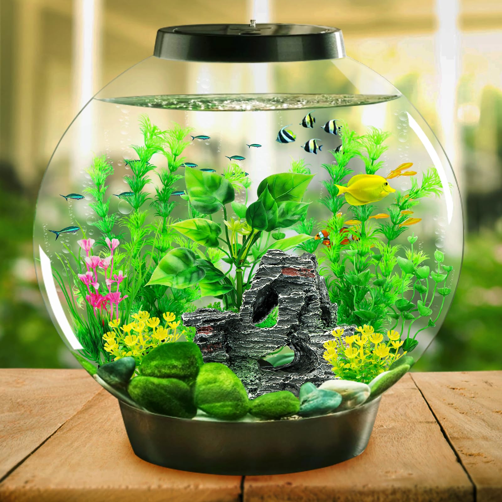 9pcs Artificial Aquarium Plants with Cave Rock Decor Set - Green Plastic Fish Tank Plants for Aquascaping & Betta Fish Habitat | Perfect for Freshwater Tanks, Home & Office Aquarium Decorations