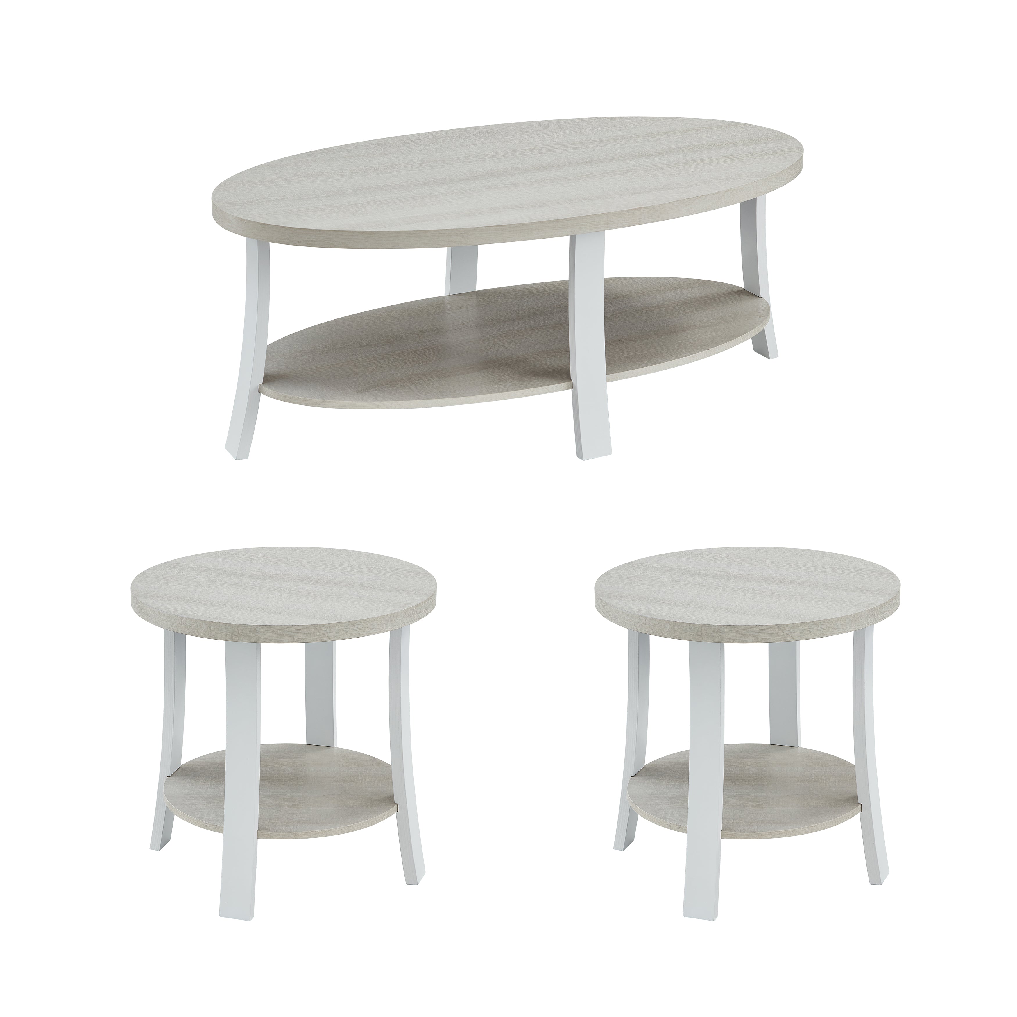Roundhill Furniture Anze Contemporary Oval Wood Shelf 3-Piece Coffee Table Set - Modern Living Room Decor for Small Spaces & Apartments