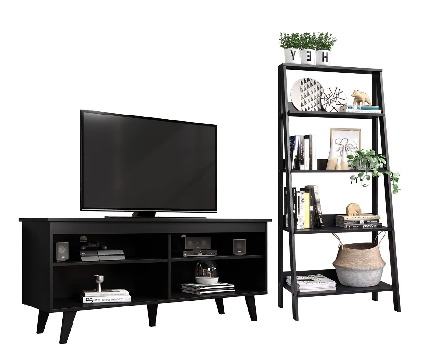 Modern TV Stand for TVs up to 55 Inches with 5-Tier Bookcase - Black Entertainment Center for Living Room, Bedroom & Home Theater Setup
