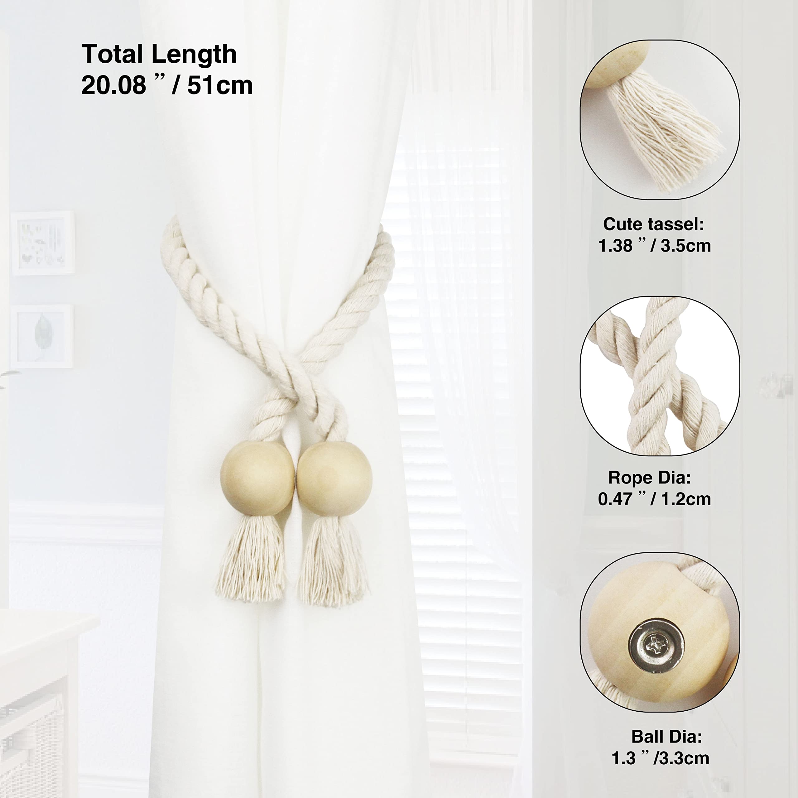 2 Pack Magnetic Curtain Tie Backs - Cotton Hand Woven Decorative Rope Holdbacks for Drapes & Curtains, No Tools Required, Beige - Perfect for Living Room, Bedroom & Window Decor