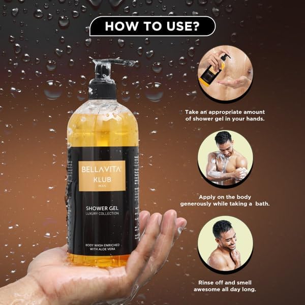 BVita Luxury KLUB Men's Body Wash - Refreshing Shower Gel with Aloe Vera | Deep Cleansing, Hydrating & Moisturizing for Softer, Smoother Skin | 500ml | Perfect for Gym, Travel & Daily Shower Routine