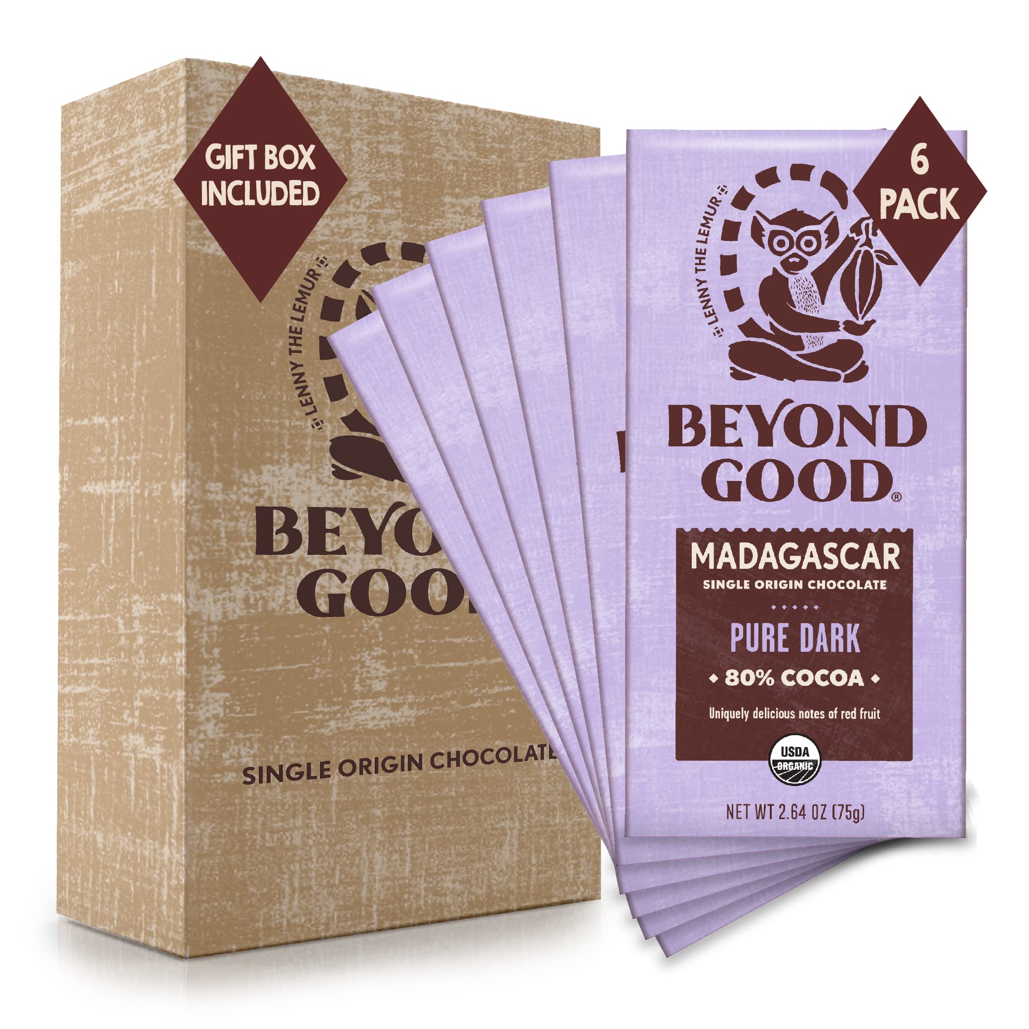 Beyond Good Organic Dark Chocolate Bars 6-Pack | 80% Single Origin Madagascar Heirloom Cacao | Vegan, Kosher, Non-GMO, Direct Trade | Perfect for Gifts, Baking & Healthy Snacking
