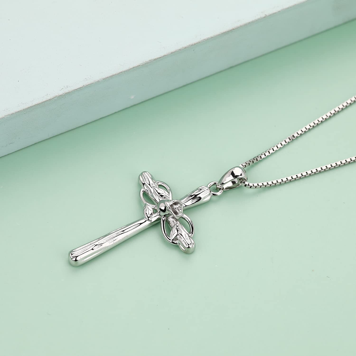 Sterling Silver Cross Necklace with Infinity Rose Charm - Elegant Christian Jewelry for Women, Baptism Gift, First Communion, Confirmation & Everyday Faith Wear