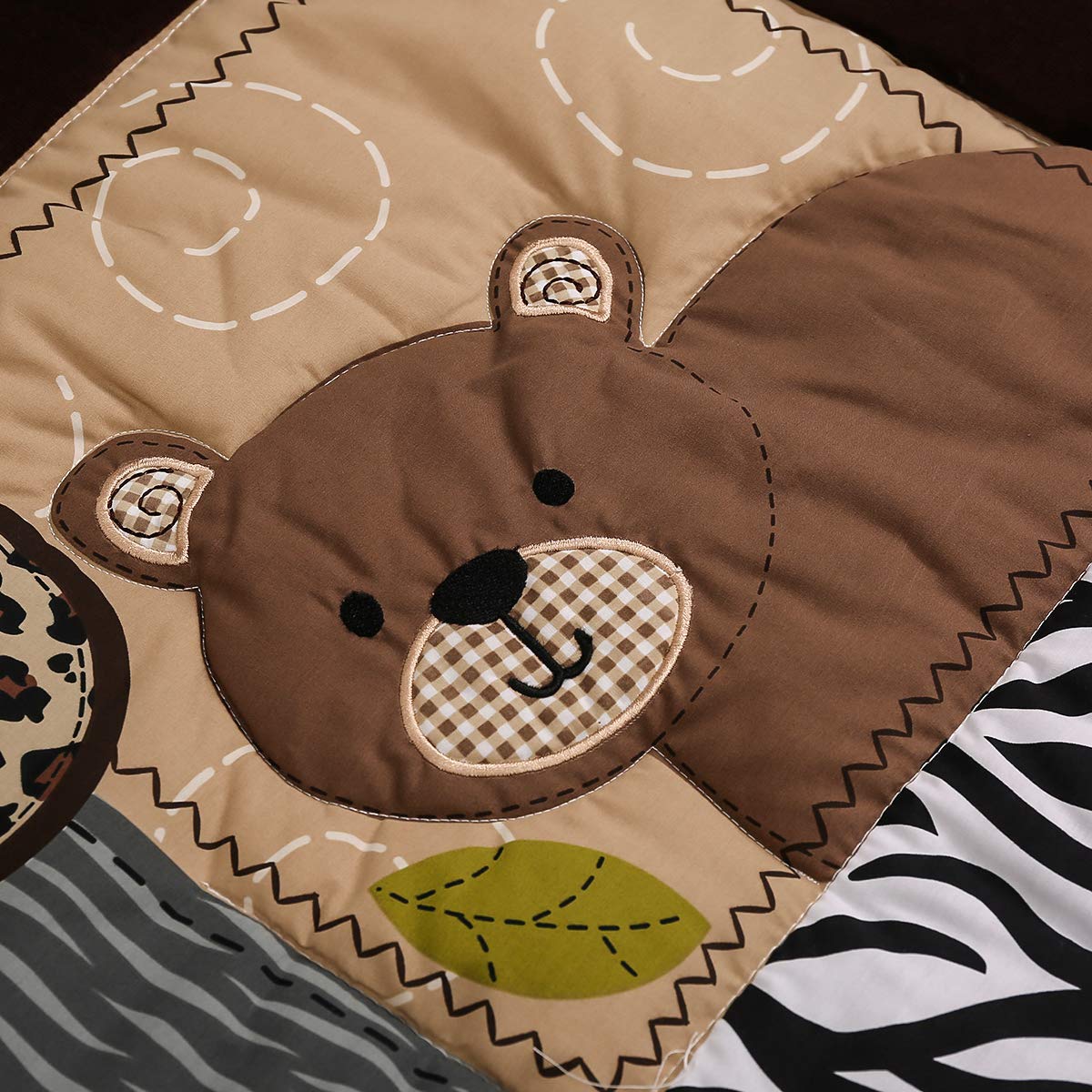 JAHbaby 4-Piece Brown Wild Animal Nursery Crib Bedding Set - Elephant Giraffe Bear Hippo Design for Baby Boys - Includes Quilt, Fitted Sheet, Skirt & Window Valance - Perfect for Jungle-Themed Nursery Decor & Baby Shower Gifts