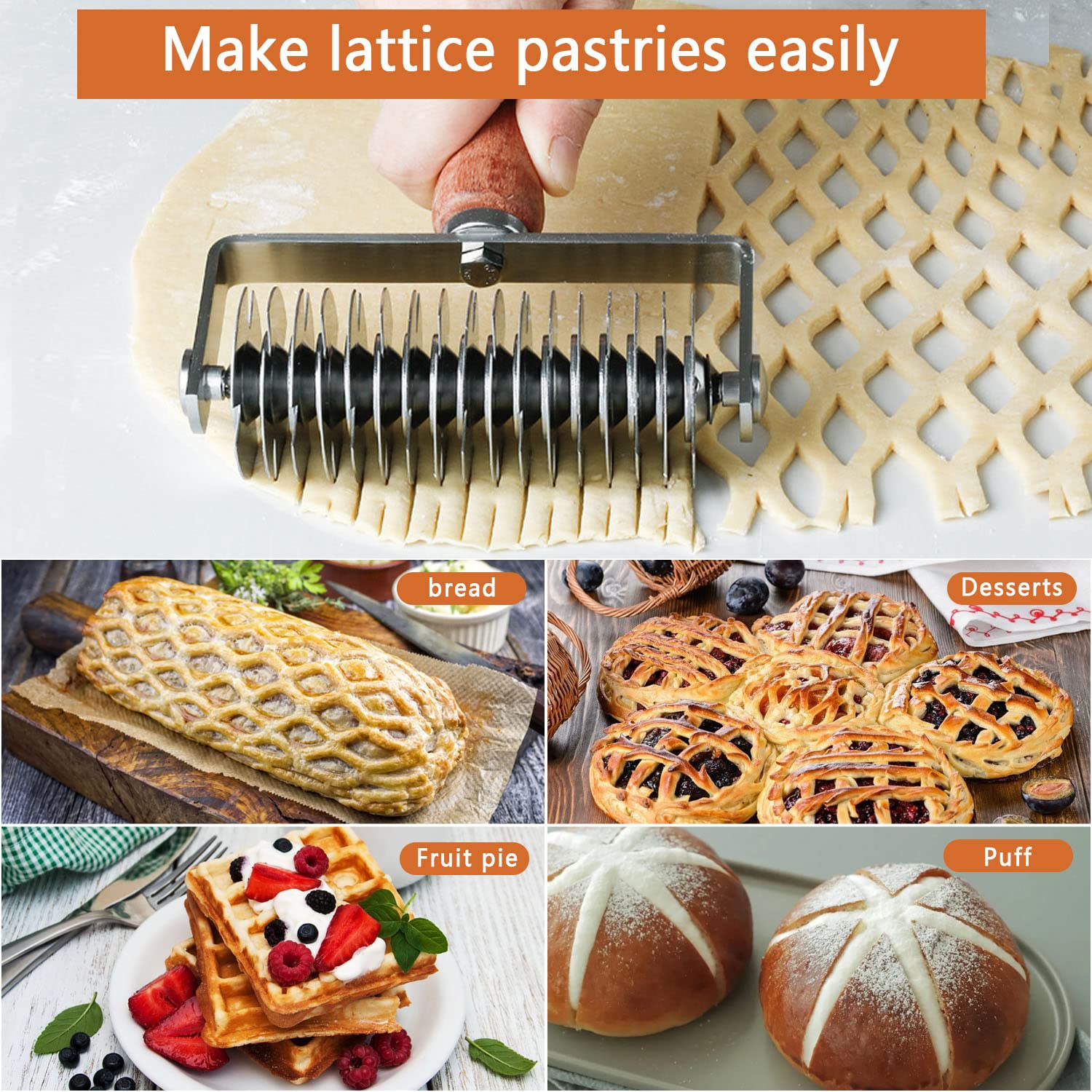 Stainless Steel Dough Cutter with Wooden Handle - Lattice Top Roller for Cookie, Pie, Pizza & Bread Crust | Perfect for Baking, Pastry Making & Fishnet Crust Designs | Ideal for Home Bakers & Professional Chefs