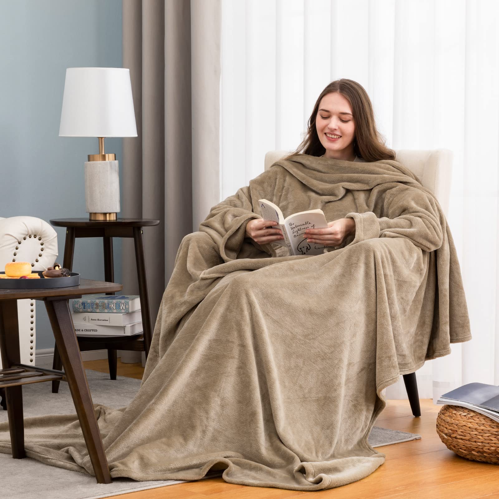 HBselect Wearable Flannel Blanket with Sleeves - Lightweight & Warm Sofa Blanket for Adults - Perfect for TV Watching, Lounging & Cozy Home Use - Great Gift Idea