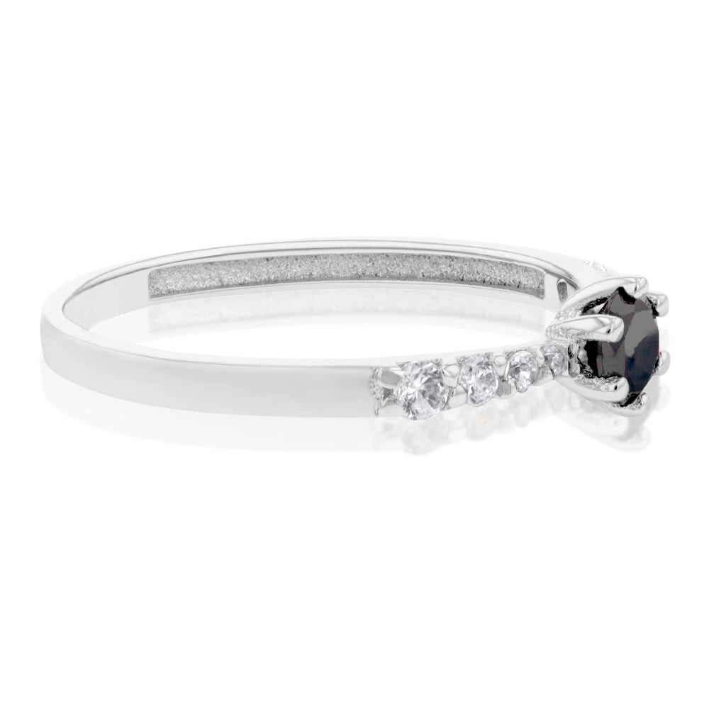 9ct White Gold Black Zirconia Solitaire Fancy Channel Ring for Women | Elegant Wedding, Engagement & Anniversary Jewelry Gift