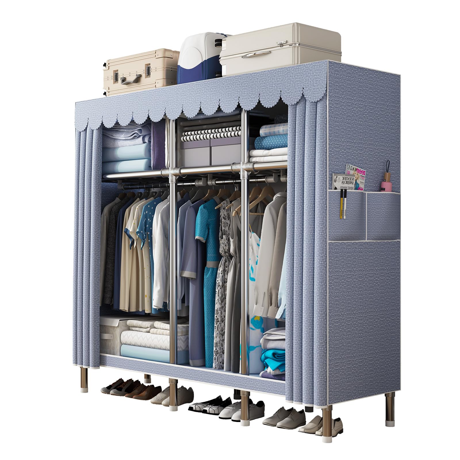 59 Inch Portable Wardrobe Closet - Heavy Duty Steel Hanging Rack with Polyester Cotton Fabric Cover - Moonlight Grey Storage Organizer for Bedroom, Closet, Dorm Room & Small Spaces