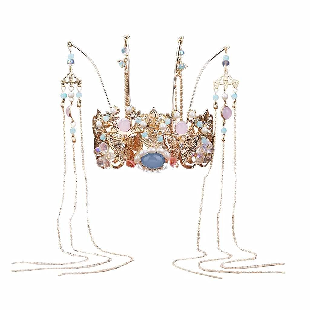 WALNUTA Long Tassel Phoenix Coronet Hairpiece - Vintage Pearl Tiara Crown Headband with Hair Sticks | Wedding Bridal Hair Jewelry for Boho, Renaissance Faire & Cosplay Costume Accessories