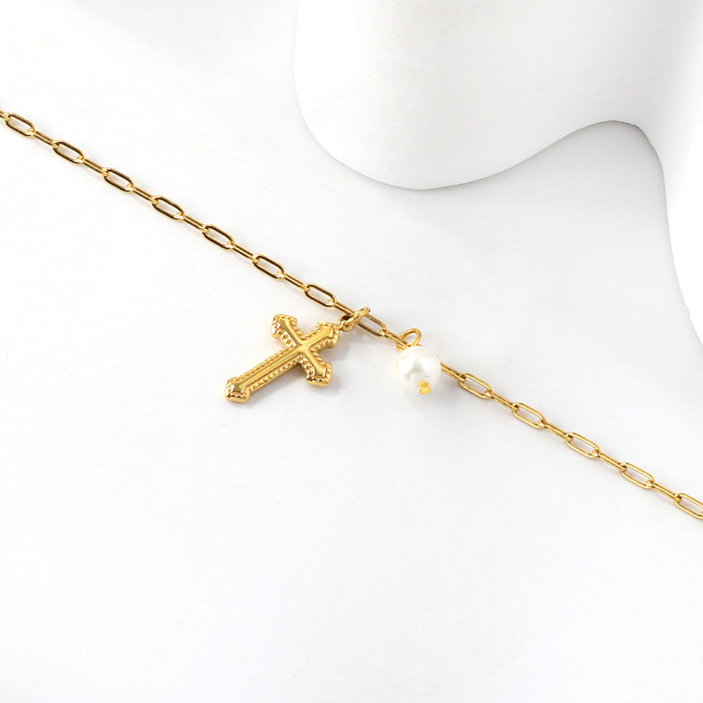 18K Gold Pearl Cross Charm Anklet Chain for Women - Elegant Adjustable Ankle Bracelet for Daily Wear, Gift, and Special Occasions | S098