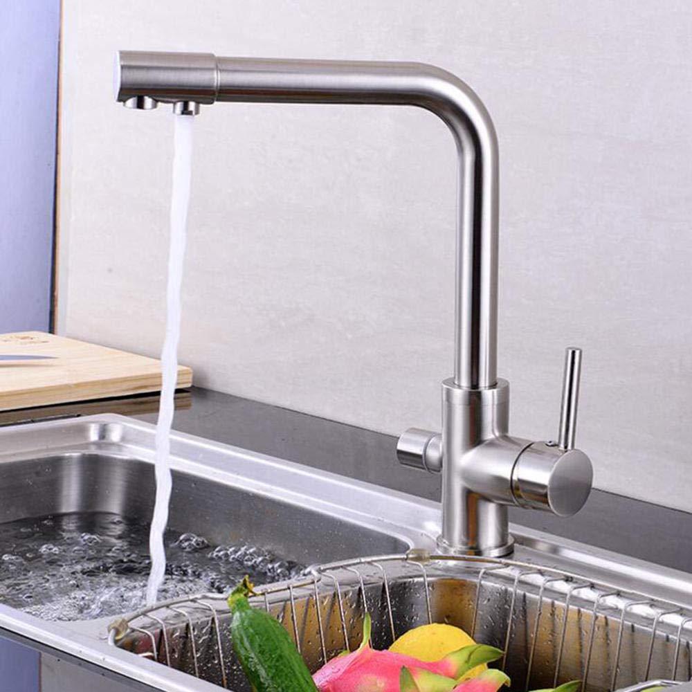 3-Way Brass Kitchen Faucet with Water Filter - Rotating Brushed Nickel Sink Faucet for Hot & Cold Drinking Water - Perfect for Modern Kitchens & Direct Drinking Water Access