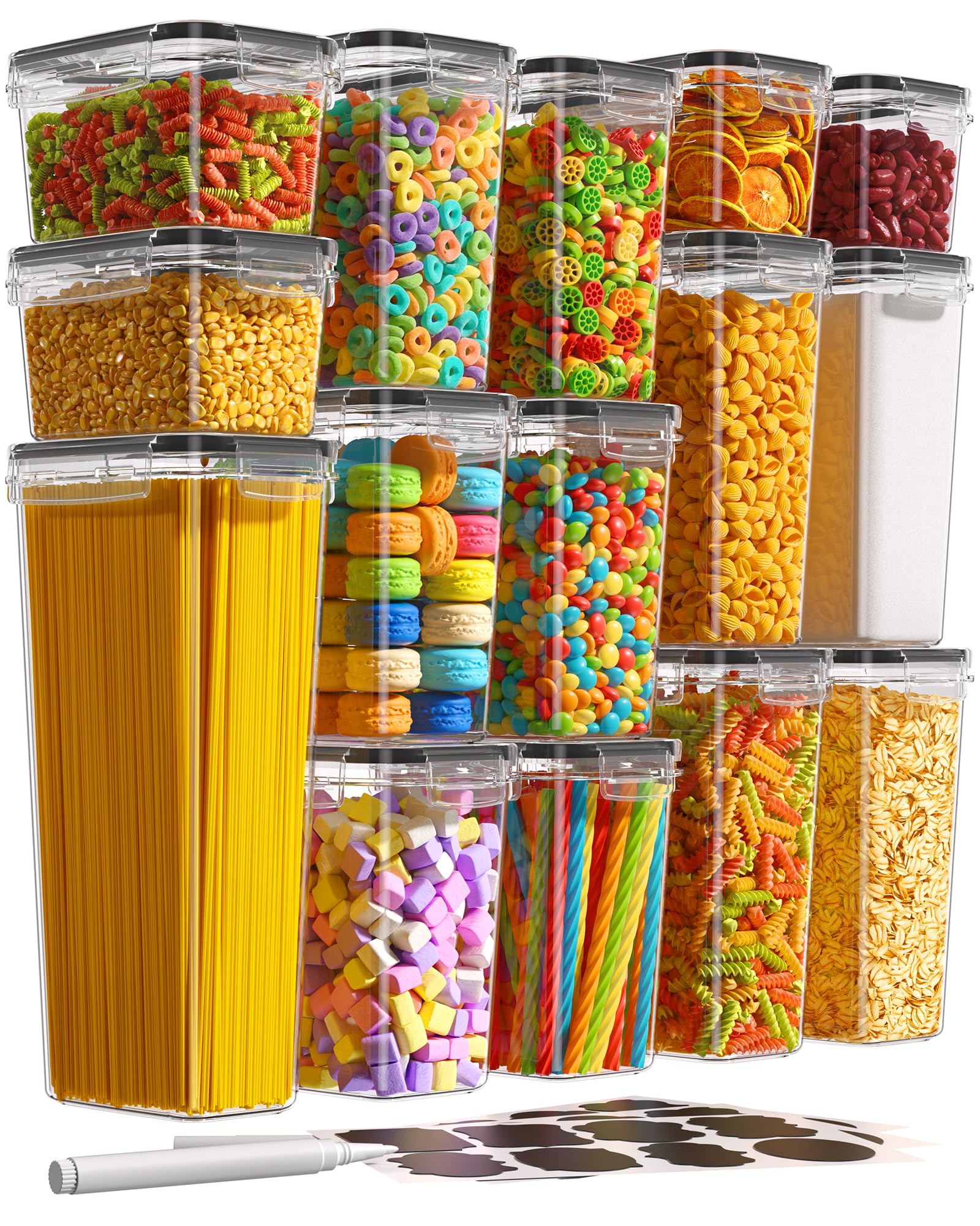 15-Pack Airtight Food Storage Containers with Lids - BPA-Free Plastic Kitchen Organizers for Cereal, Flour, Sugar, Pasta & Dry Food - Includes Labels & Marker - Perfect for Pantry, Baking & Meal Prep Organization