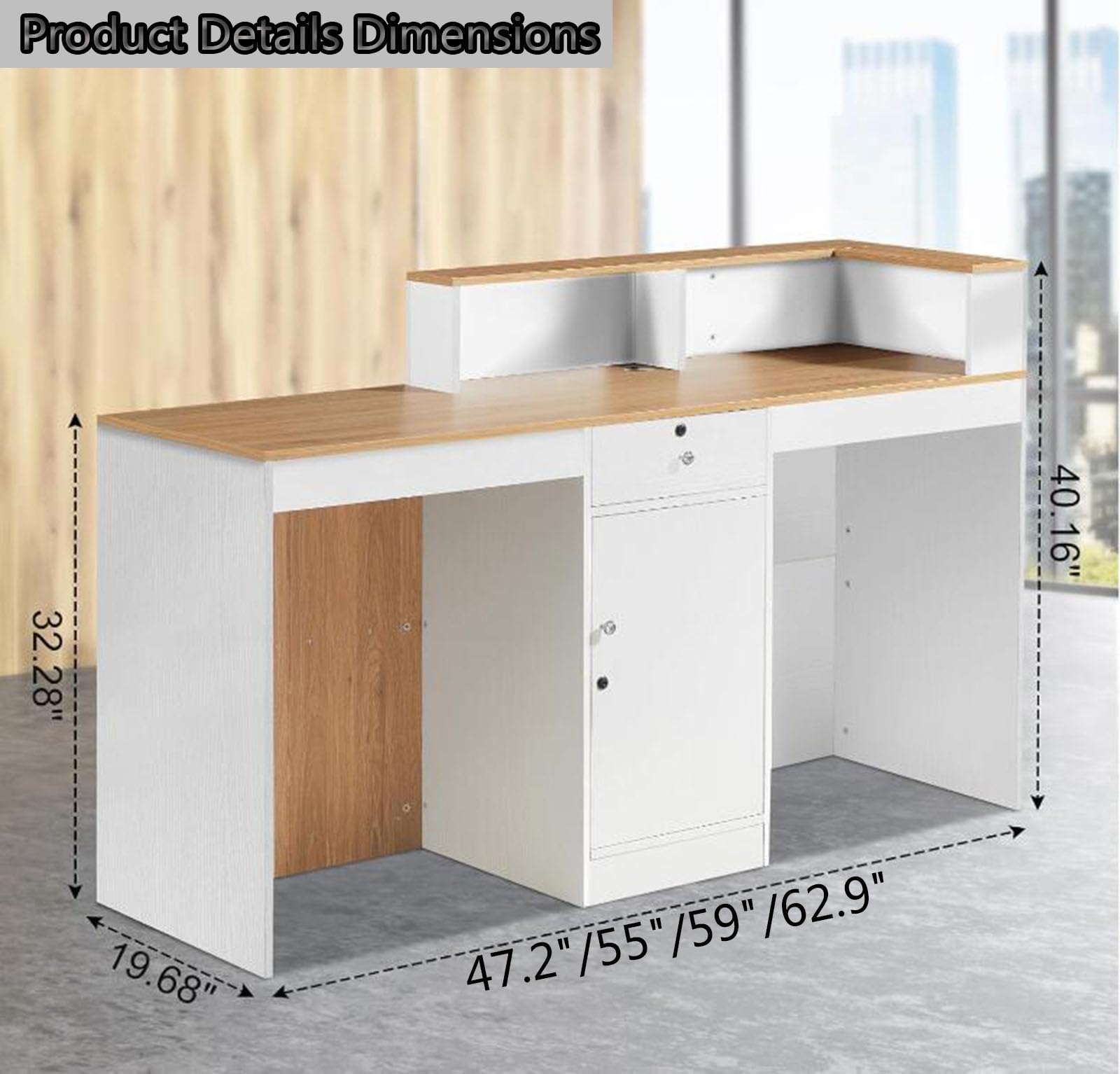 Modern Reception Desk with Counter - Lockable Drawer & Cabinet - Salon/Office/Boutique Lobby Furniture - Perfect for Check-in Areas, Waiting Rooms & Retail Spaces