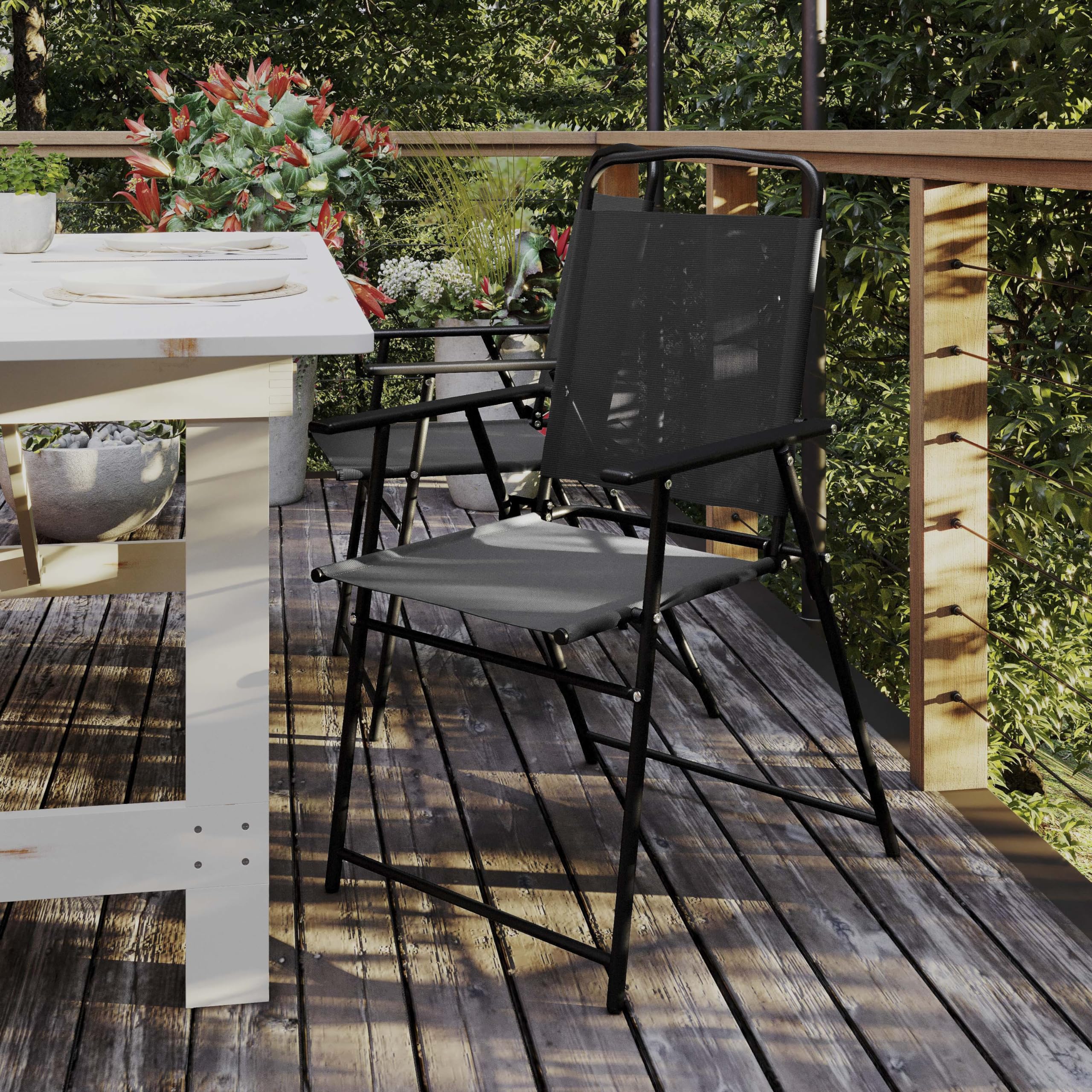 Folding Patio Sling Chairs - Set of 4 Outdoor Textilene Lawn Chairs with Armrests, Durable & Comfortable for Backyard, Poolside, Garden, and Patio Relaxation