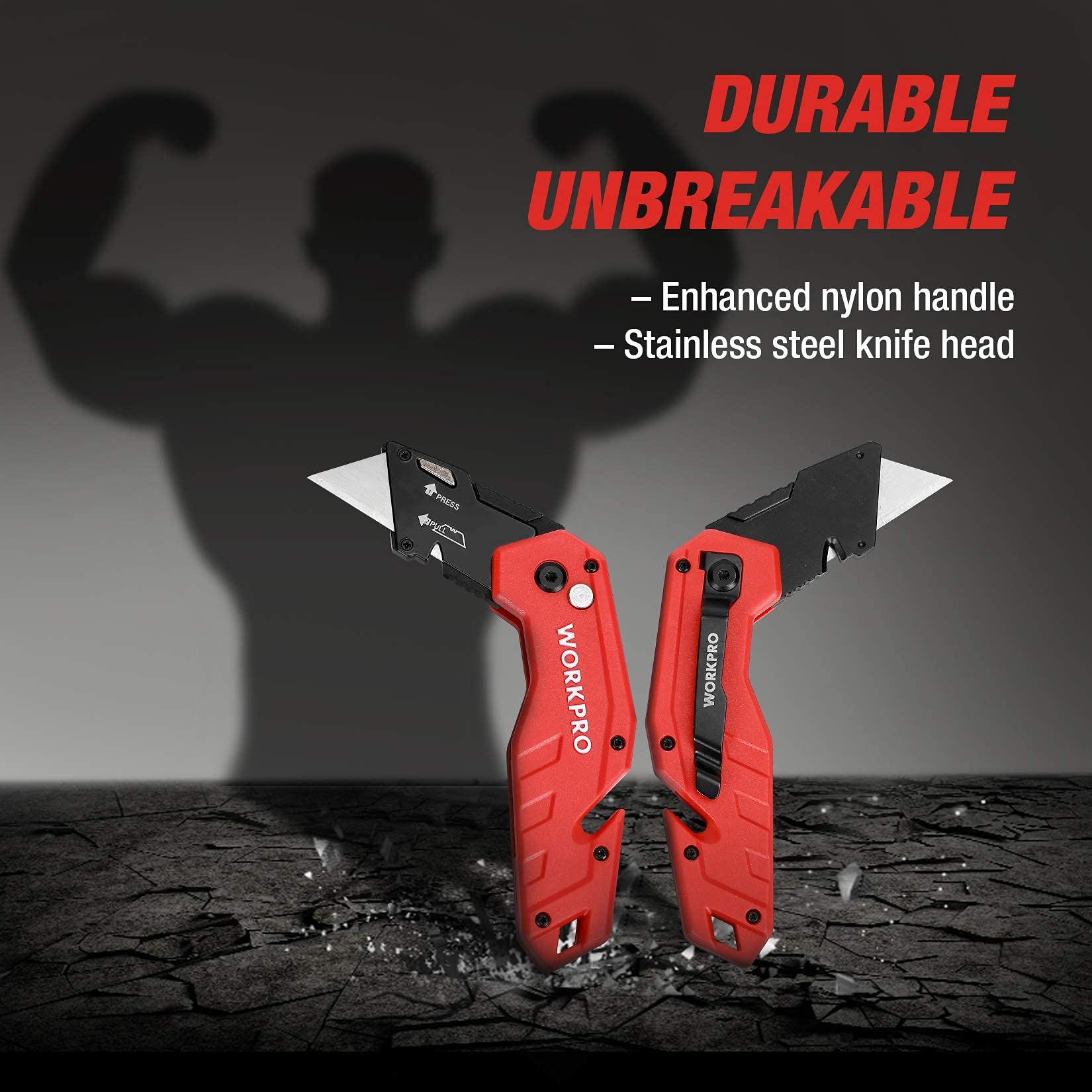 WORKPRO 100-Pack SK5 Utility Knife Blades & Folding Utility Knife (Red) - Heavy Duty Replacement Blades for Box Cutting, Crafting, Construction, and DIY Projects
