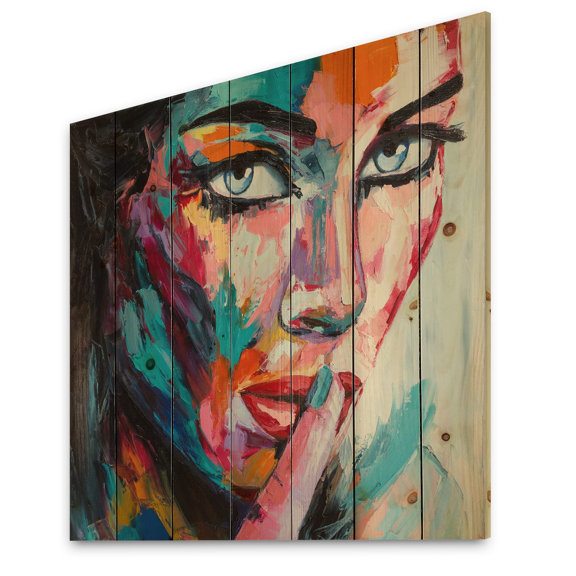 Abstract Portrait Wood Wall Art - Blue Eyes Woman on Pine for Living Room Decor
