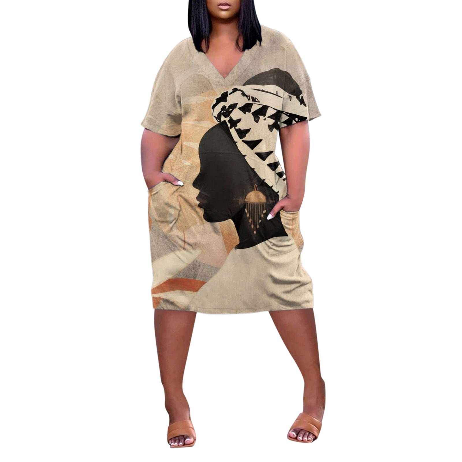 Plus Size Tie Dye V-Neck Summer Dress for Women - Casual Short Sleeve Sundress with Pockets (Khaki, XXL) | Perfect for Beach Outings, Vacation Wear & Everyday Comfort