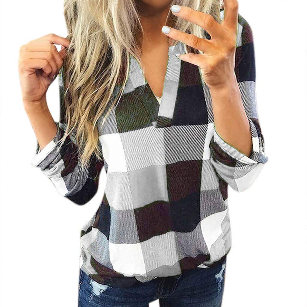 Trendy 2022 Women's Plaid Long Sleeve V-Neck T-Shirts - Casual Loose Fit Blouses for Everyday Wear, Office & Outings