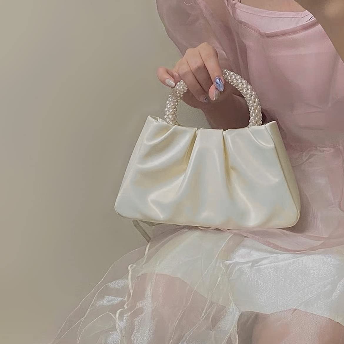 Elegant Pearl Embellished Women's Evening Purse - Soft Leather Ruched Clutch Bag for Wedding, Bridal, Party & Prom - Crossbody Handbag for Special Occasions & Night Out