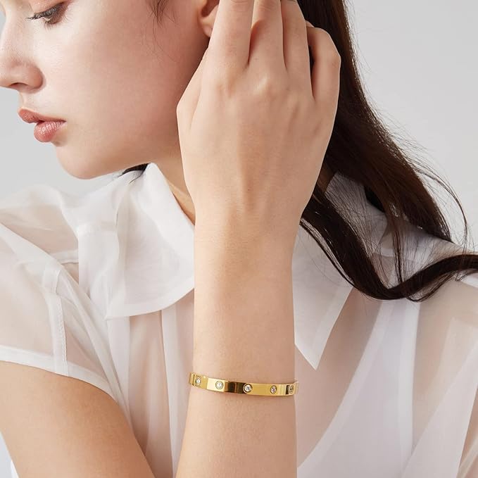 18K Gold Plated Stainless Steel Crystal Bracelet for Women - Adjustable Openable Cuff Bangle | Elegant Jewelry Gift for Mother, Sister, Wife, Girlfriend | Anti-Tarnish, Hypoallergenic | Perfect for Weddings, Anniversaries, Date Nights & Special Occasions