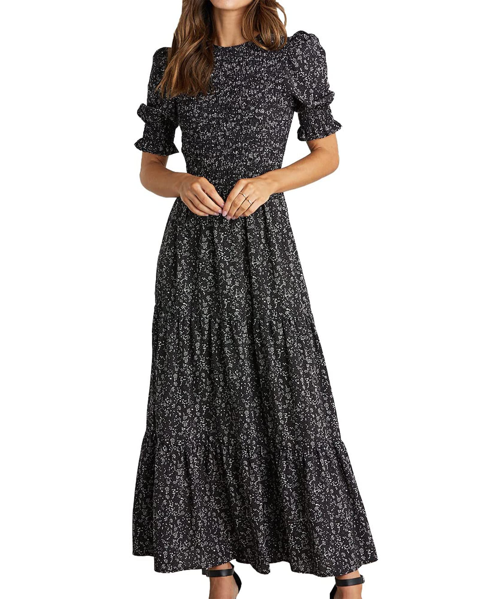 BTFBM Women's Floral Print Boho Maxi Dress - Crew Neck, Ruffle Short Sleeve, Smocked Waist, Flowy Summer Dress for 2025 | Perfect for Beach Vacations, Music Festivals & Casual Outings