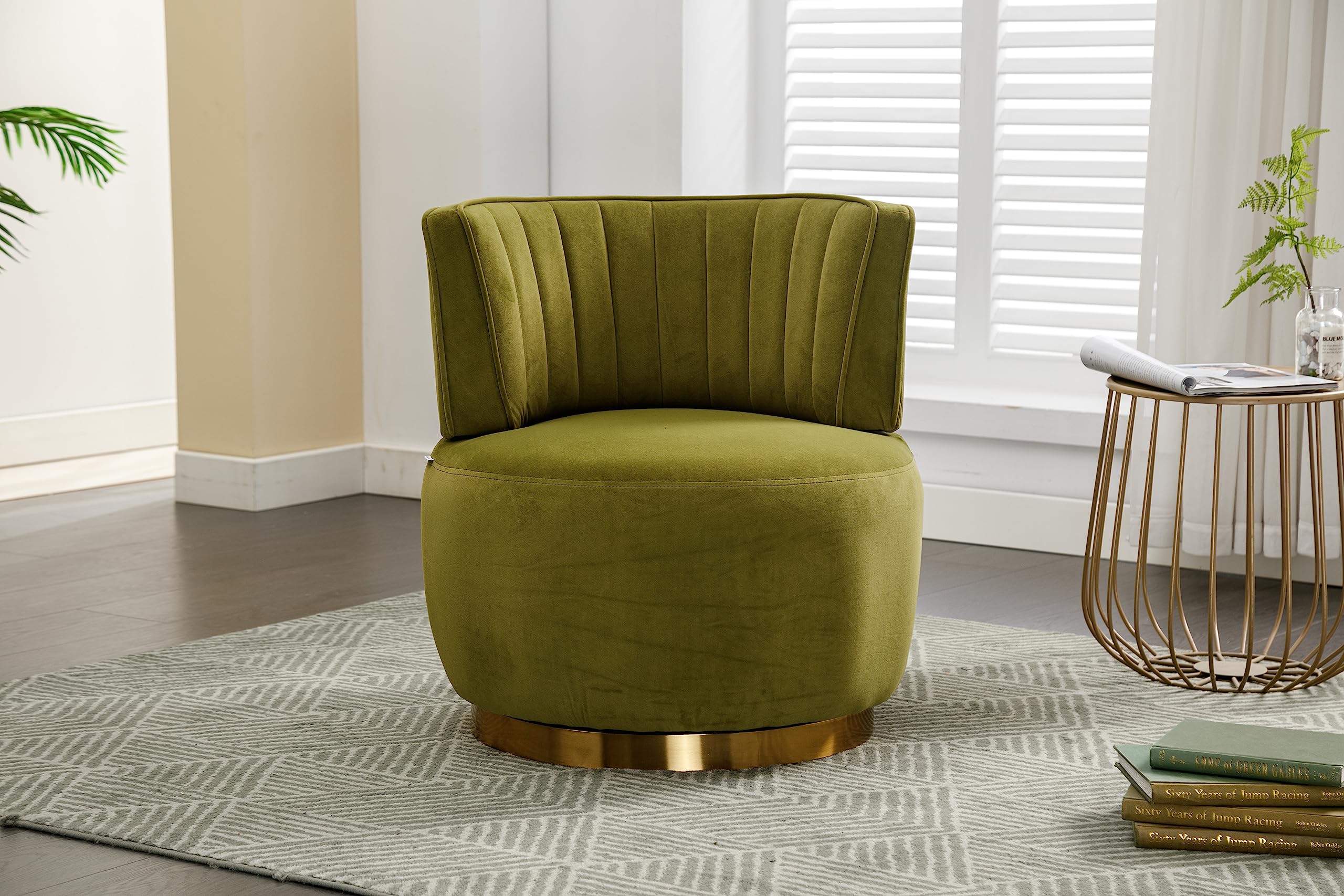 360-Degree Swivel Barrel Chairs Set of 2 - Modern Velvet Upholstered Armchairs with Gold Accent & Sherpa Comfort for Living Room, Bedroom, Office or Nursery - Perfect for Relaxing, Reading & Entertaining (Olive Green)