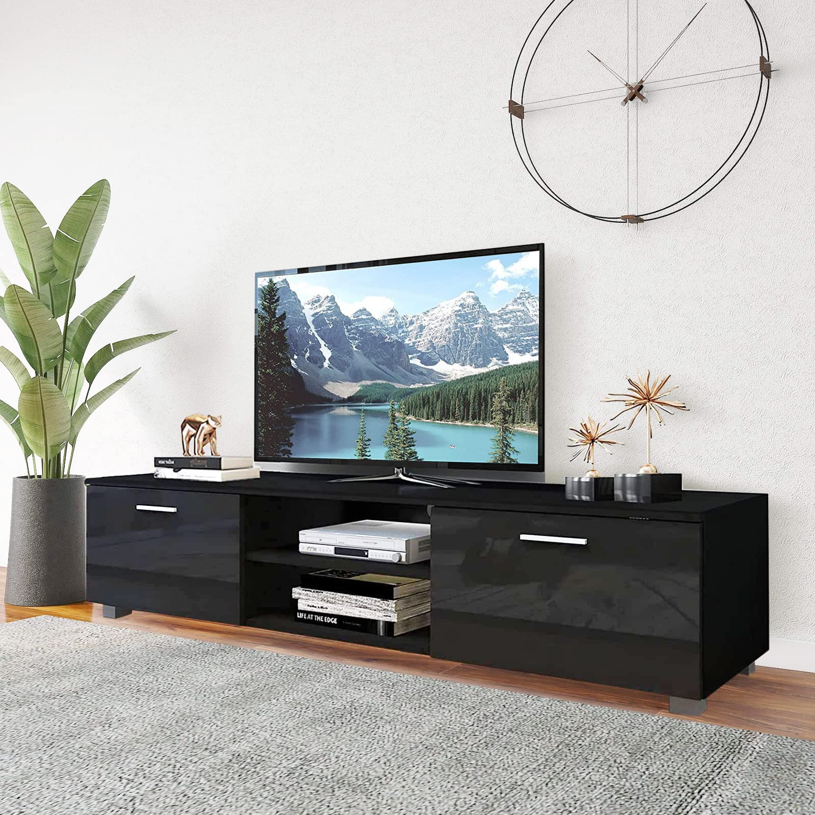 Low Profile TV Stand for 70 Inch TVs - High Gloss Black Entertainment Center with Storage Cabinet & Open Shelves - Perfect for Living Room, Bedroom & Home Theater Setup