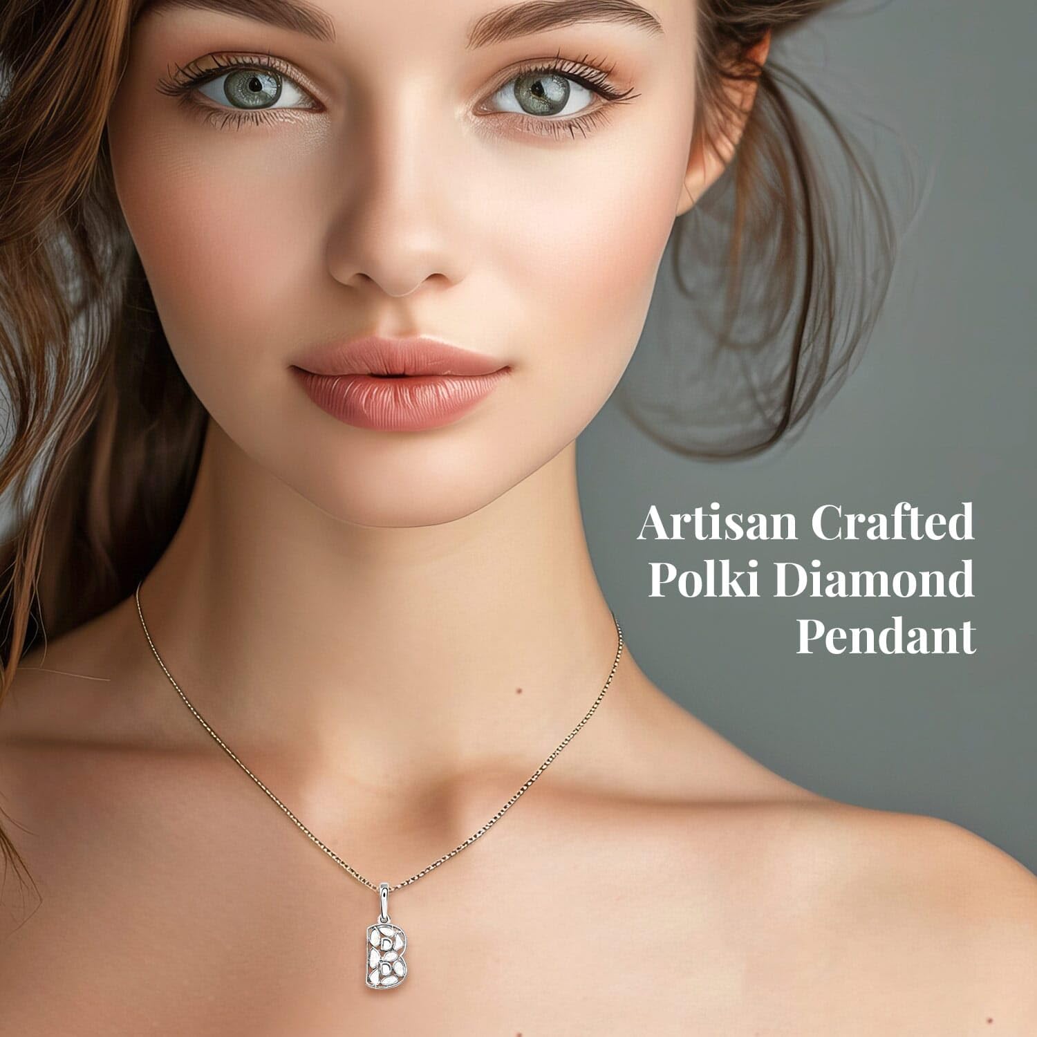925 Sterling Silver Polki Diamond Initial Necklace for Women - Platinum Plated, 20