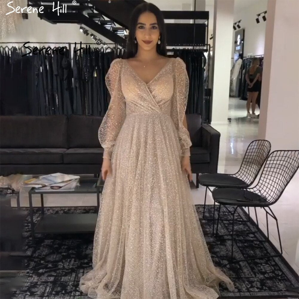 Serene Hill Champagne Lantern Sleeve Evening Gowns 2025 | A-Line Beaded Lace Formal Dresses for Women | Wedding, Prom, Cocktail Party & Special Occasions