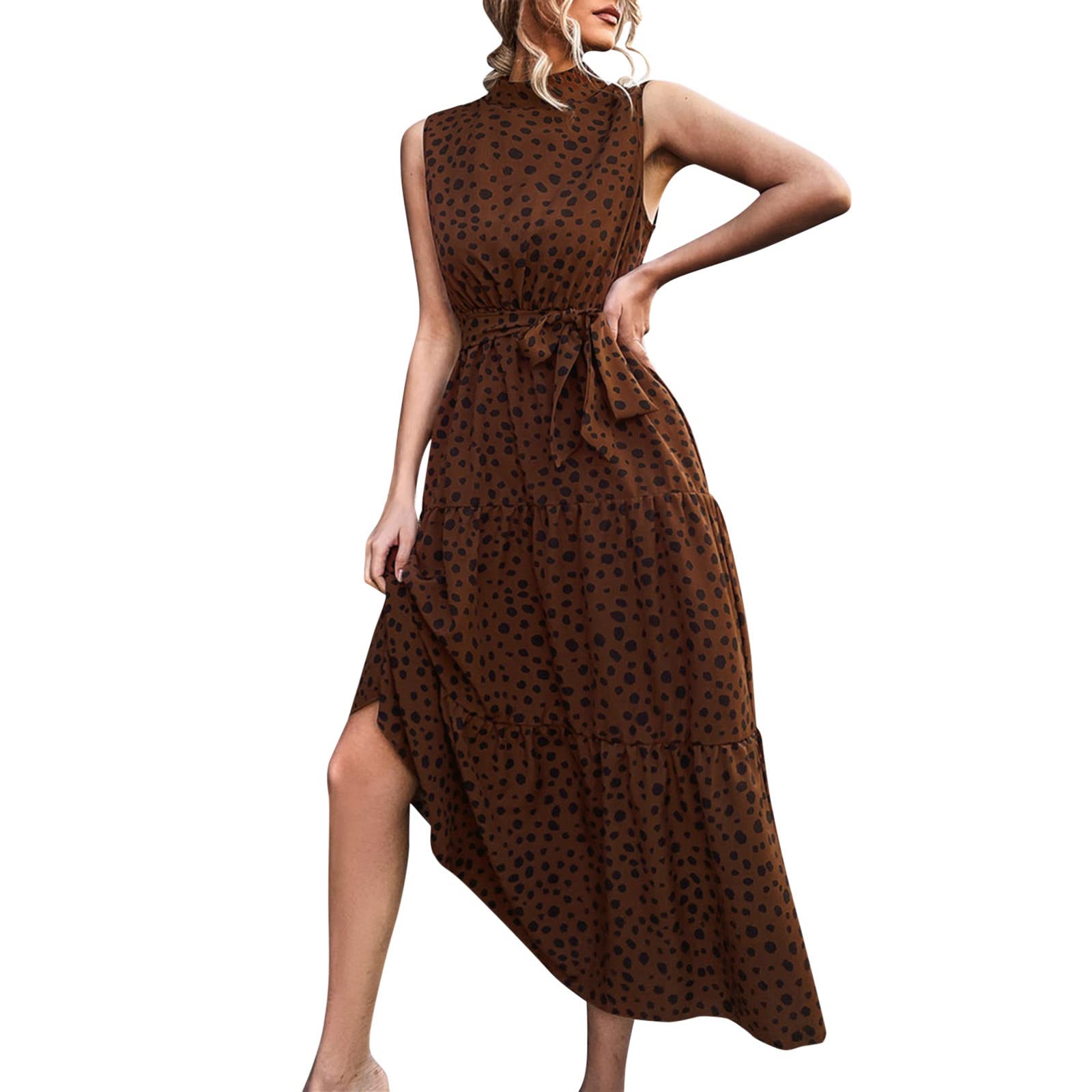 Twoker Women's Leopard Print Summer Dress - Sleeveless Round Neck Long Dress with Belt, Casual Fashion for Beach, Vacation & Outdoor Activities