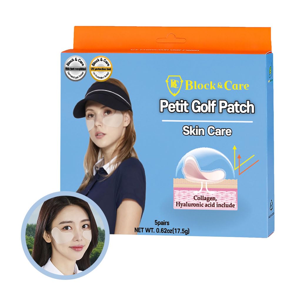 BLOCK&CARE UV Protection Golf Patches - 5 Pairs Sunblock Gel Facial Patches with Skincare Ingredients for Sun Protection | Perfect for Outdoor Golf, Hiking & Sports Activities (1 Pack, Medium Size)