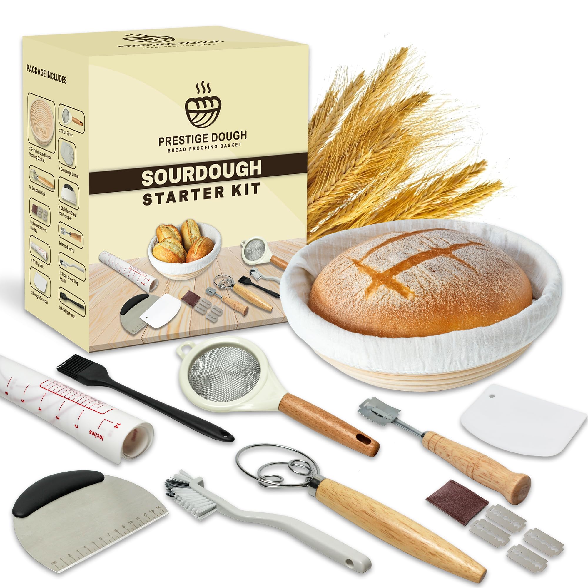 Organic Sourdough Starter Kit with 9-Inch Round Banneton Basket - Complete Bread Baking Supplies Set Includes Flour Sifter, Dough Scraper, Bread Lame, Whisk & Pastry Mat - Perfect for Artisan Homemade Bread, Pizza Dough & Pastry Making at Home