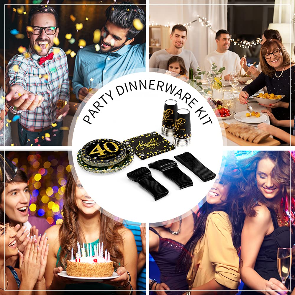 40th Birthday Party Supplies Set - Black and Gold Theme for 16 Guests - Disposable Tableware Kit Includes 40 Years Gold Paper Plates, 12 oz Cups, Banner, Napkins, Tablecloth, Cutlery (Spoons, Forks, Knives) - Perfect for Milestone Celebrations, Anniversaries & Retirement Parties