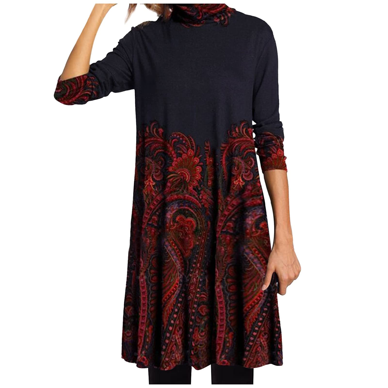 Women's Casual Floral Print Long Sleeve Turtleneck Dress - Loose Fit Fashion Red Maxi Dress for Women | Perfect for Fall, Winter, Date Night & Office Wear
