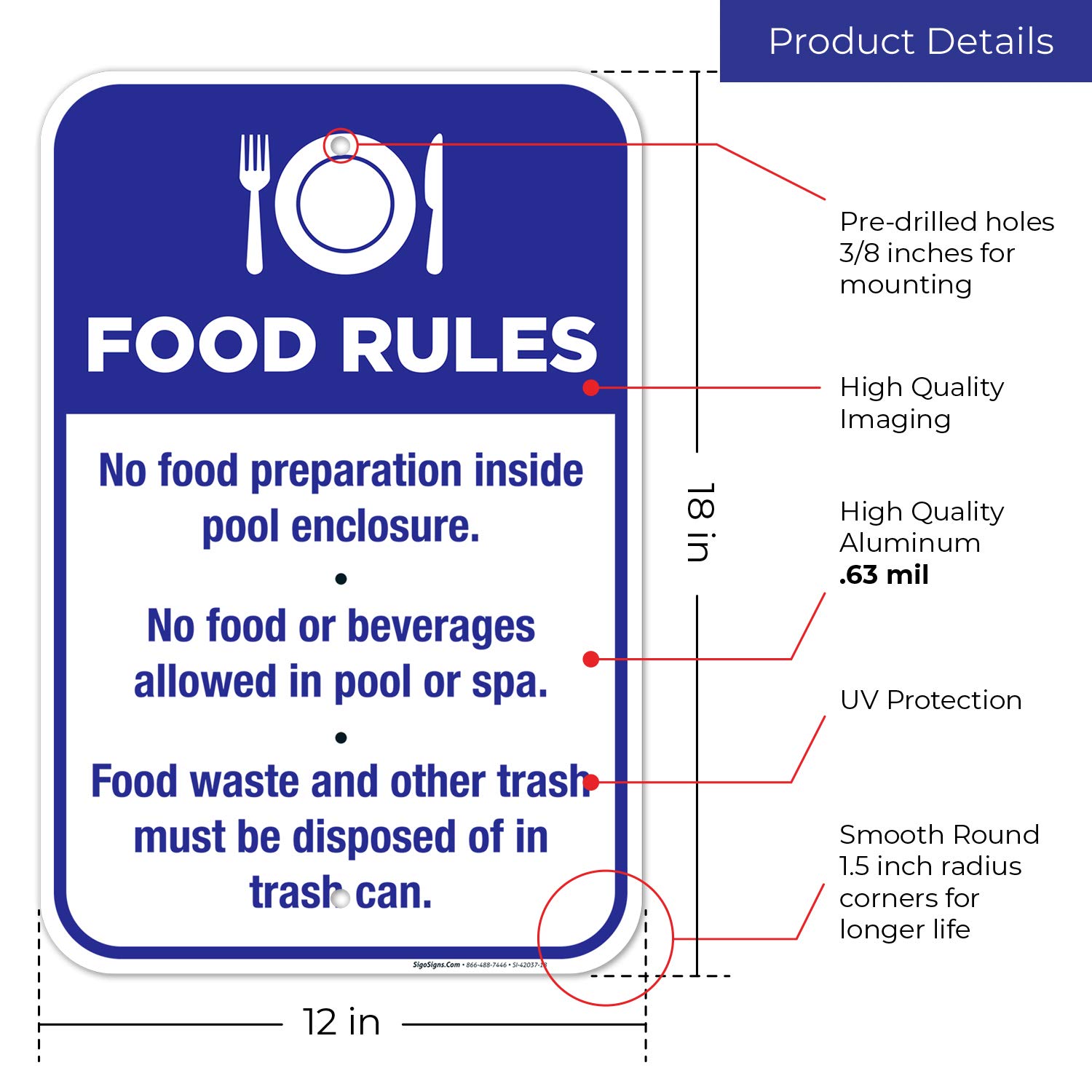 Pool Food Rules Sign - No Food Preparation Inside Pool Enclosure - 12x18 Inch Rust-Free Aluminum Sign, Fade Resistant, Made in USA - Perfect for Public Pools, Water Parks & Backyard Swimming Areas