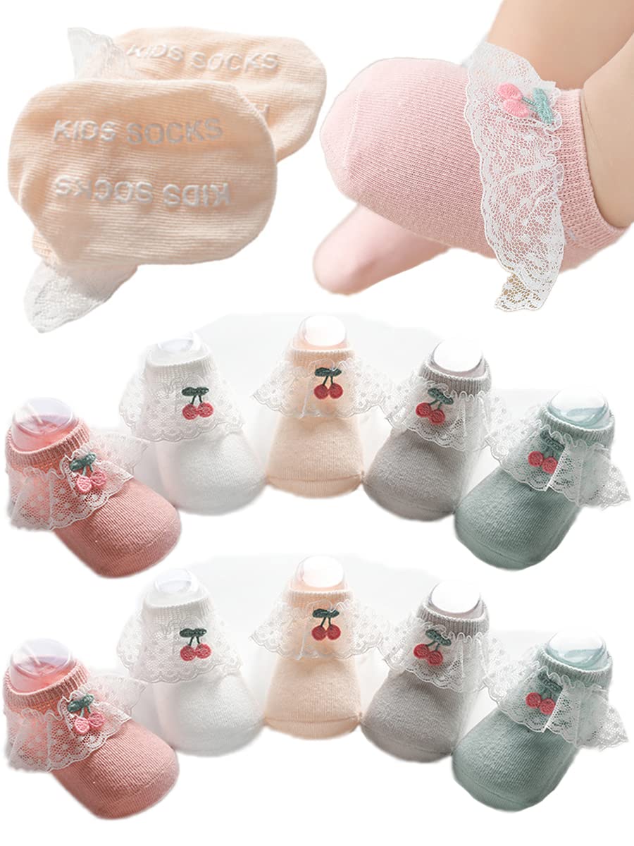 **Non-Slip Baby Girl Socks 5 Pairs - Soft Princess Lace Ruffles Ankle Socks for Newborns & Toddlers - Perfect for Dresses, Photos & Everyday Wear**
