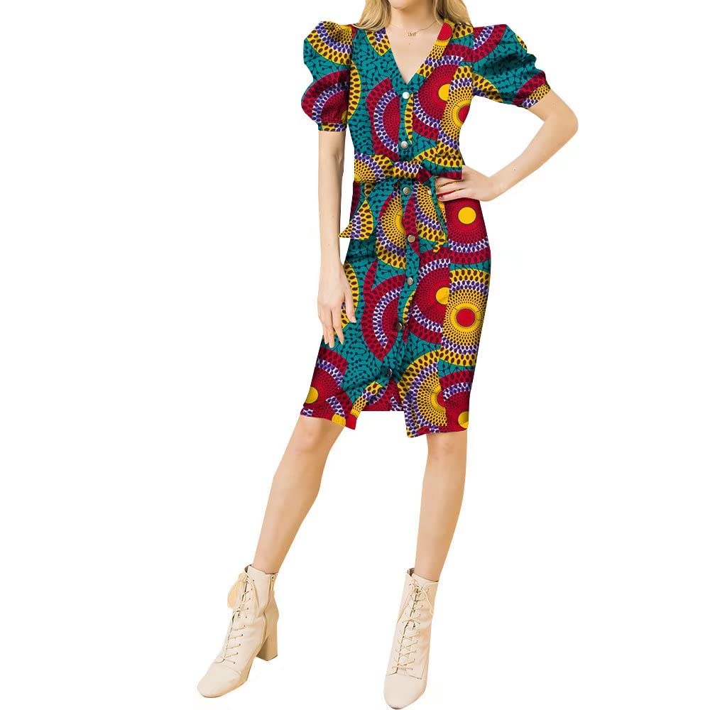 African Print Women's V-Neck Short Puff Sleeve High Waist Vintage Button Dress - Casual Summer Outfit for Beach, Party & Date Night
