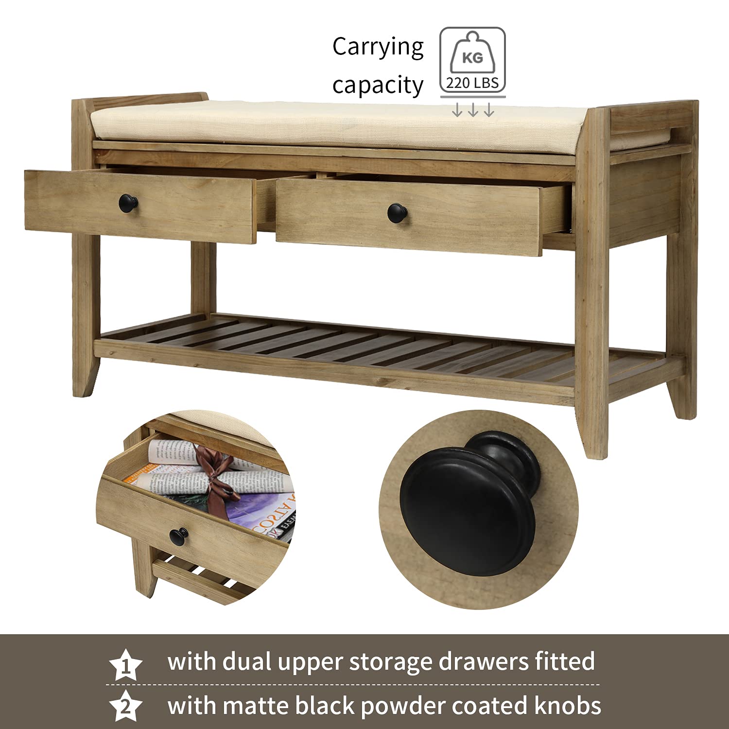Quarte Farmhouse Shoe Bench with Cushioned Seat & Storage Drawers - Rustic Wooden Entryway Shoe Rack for Hallway, Living Room & Dining Room - Perfect for Organizing Shoes, Coats & Home Decor (Gray Wash)