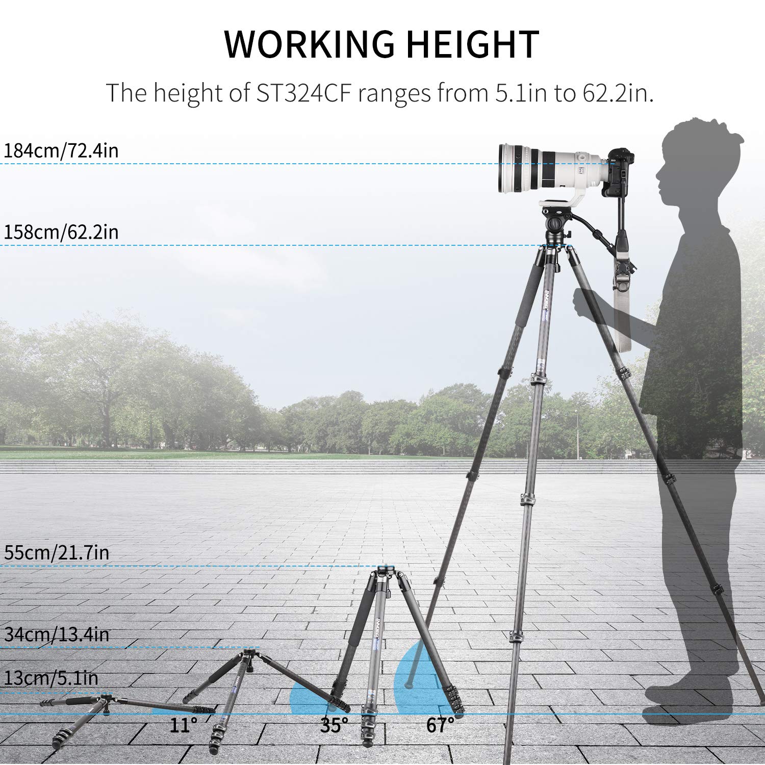 INNOREL ST324CF 32mm Carbon Fiber Tripod with Lever Lock - Heavy Duty Professional Camera Tripod Supports 30kg, 13-158cm Adjustable Height - Includes 58mm Bowl Adapter, Carry Bag & Camera Strap for Photography, Videography & Outdoor Shooting