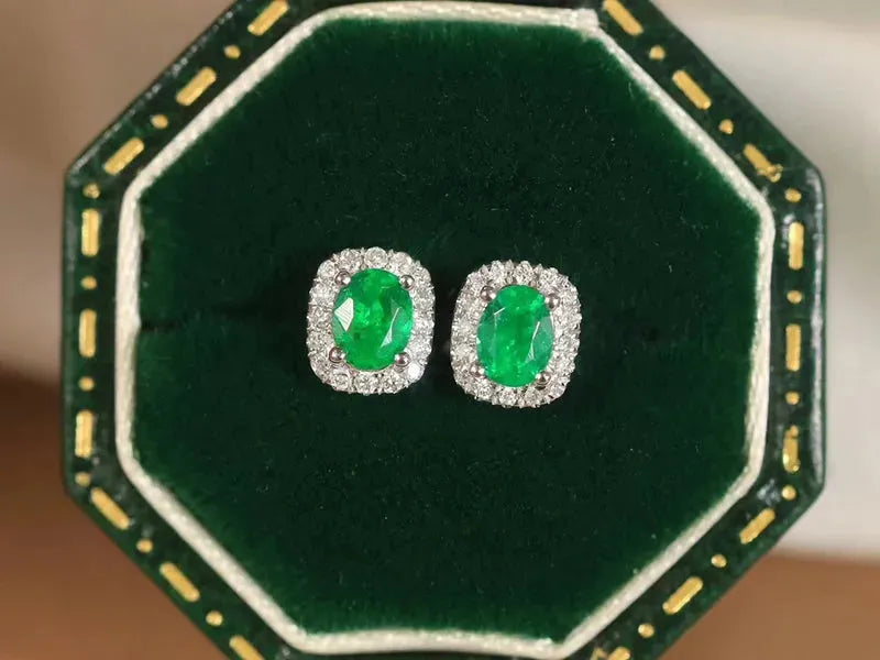 18K White Gold Earrings with Real Natural Emerald & Diamond | Classic Fine Jewelry for Women | Elegant Gift for Wife, Mom, Anniversary, Birthday | Perfect for Weddings, Parties & Special Occasions