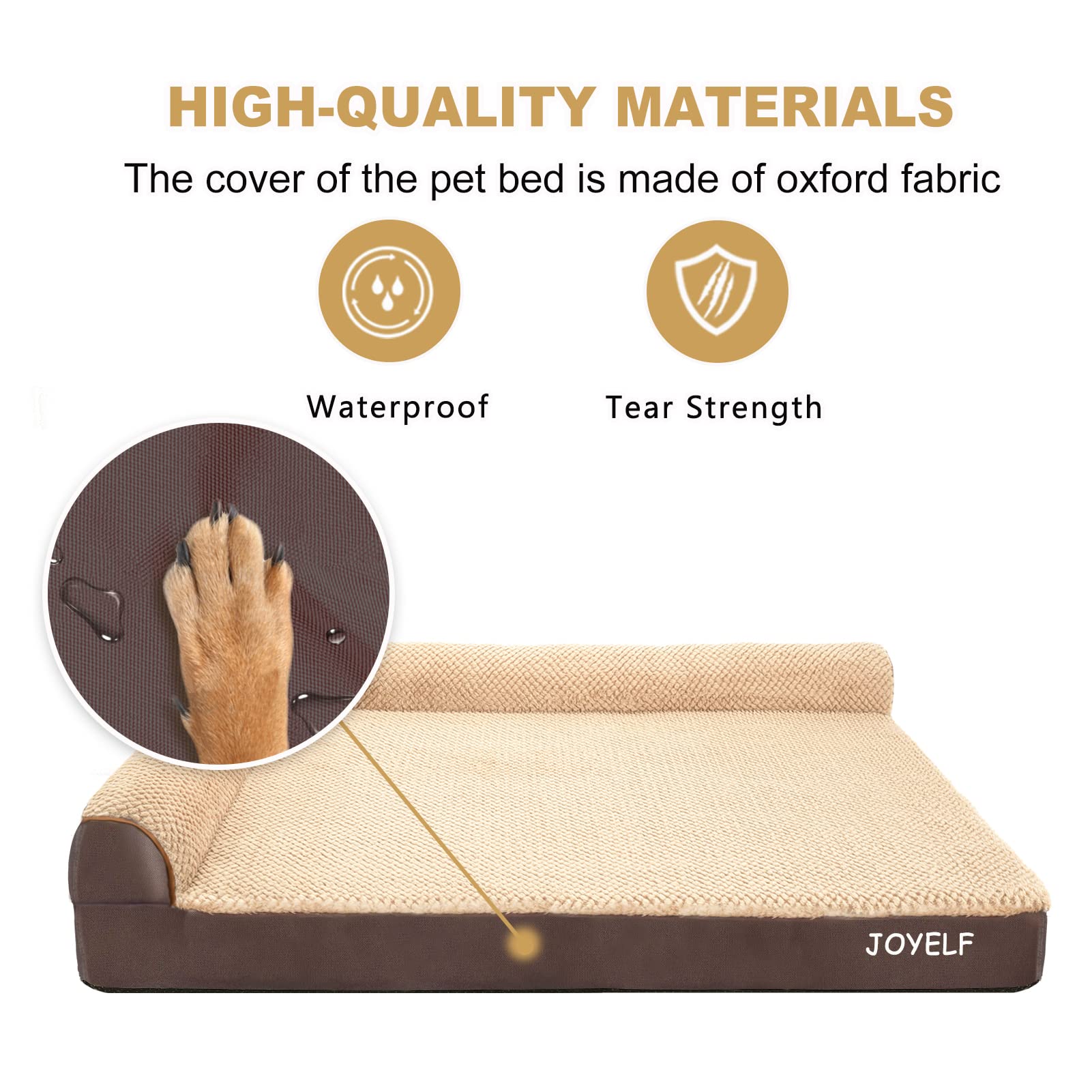 JOYELF Orthopedic Dog Bed for Extra Large Dogs - L-Shaped Memory Foam Sofa Couch with Bolster, Waterproof & Non-Slip Pet Bed, Removable Washable Cover (Coffee) - Perfect for Large Breed Dogs with Joint Pain in Living Rooms & Bedrooms