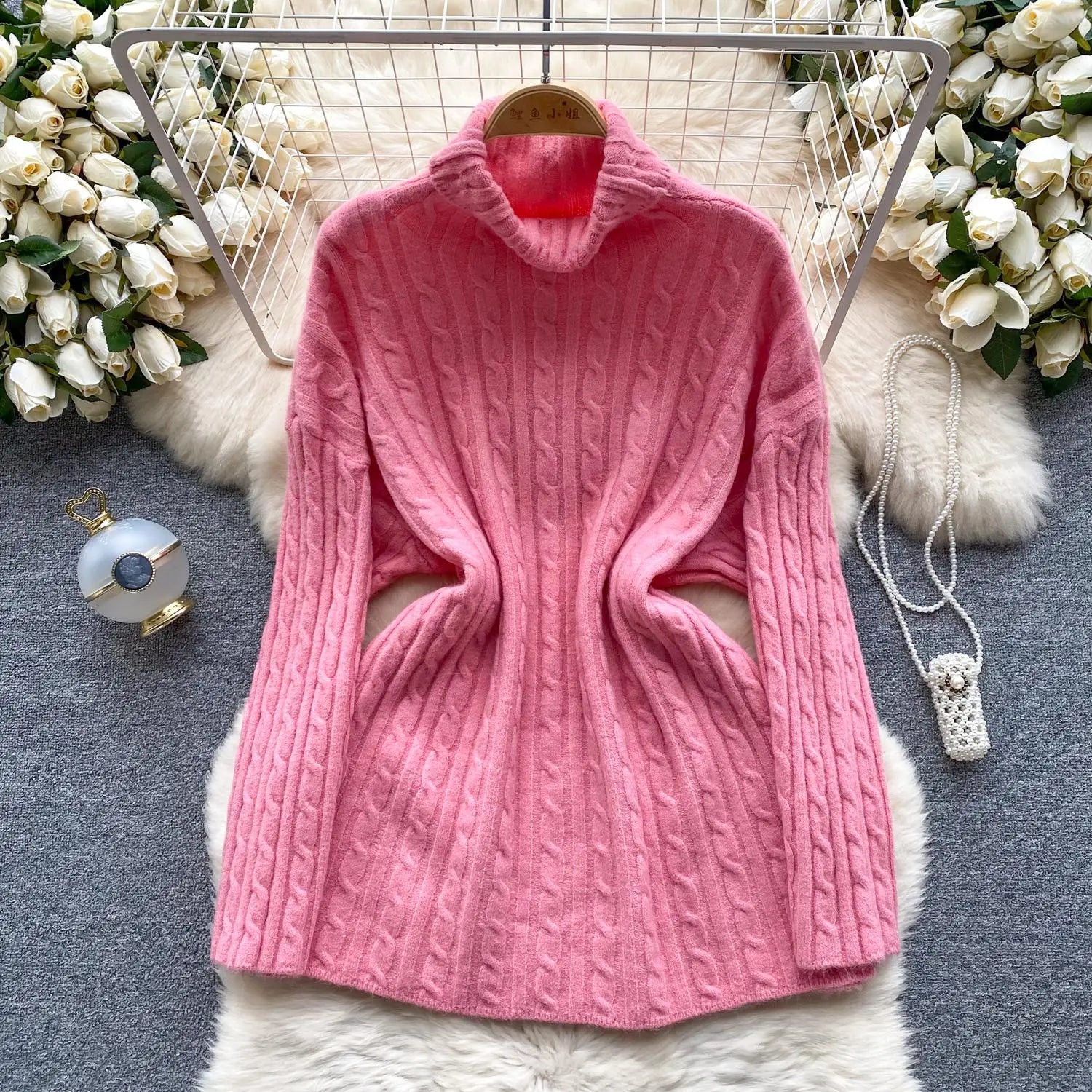 Women's Elegant High Neck Knit Sweater - Warm Winter Pullover with Long Sleeves, Loose Fit Crochet Top for Casual & Office Wear | Cozy Autumn Winter Fashion