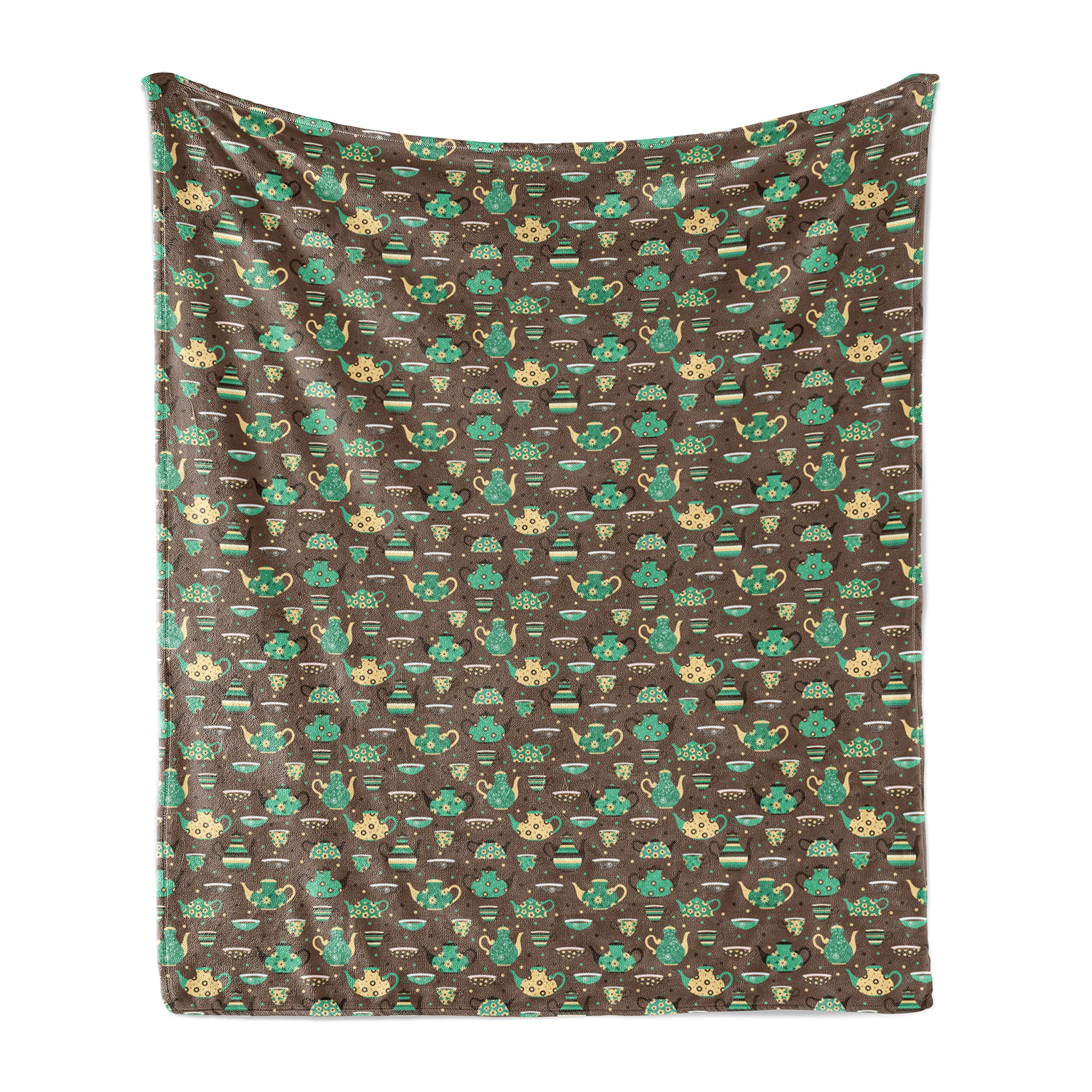 Ambesonne Floral Tea Party Throw Blanket - Soft Fleece Couch Cover with Cups & Pots Design on Dotted Brown Background, 50