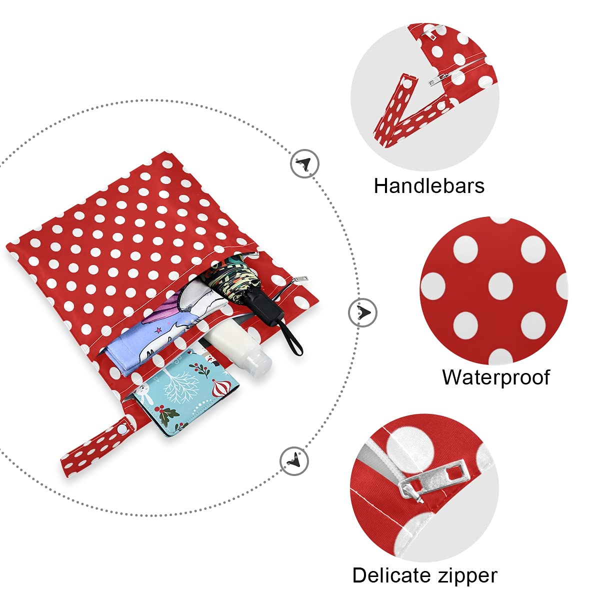 Waterproof Wet Dry Bags for Diapers - Polka Dot Red Washable Hanging Organizer Pouch with Pocket | Perfect for Travel, Camping, Beach, Gym & Swim Essentials Storage