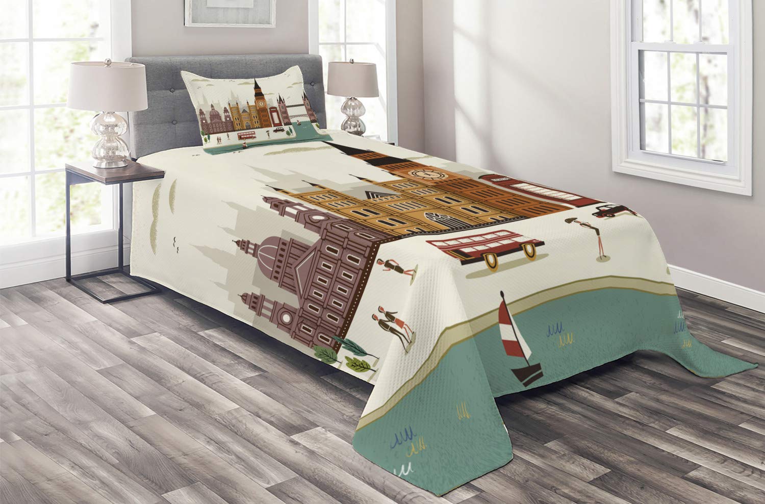 Ambesonne London Themed Quilted Bedspread Set - 2 Piece Twin Size with Pillow Sham, Big Ben & Telephone Booth Design, Multicolor | Perfect for Home Decor, Guest Rooms & Travel Enthusiasts