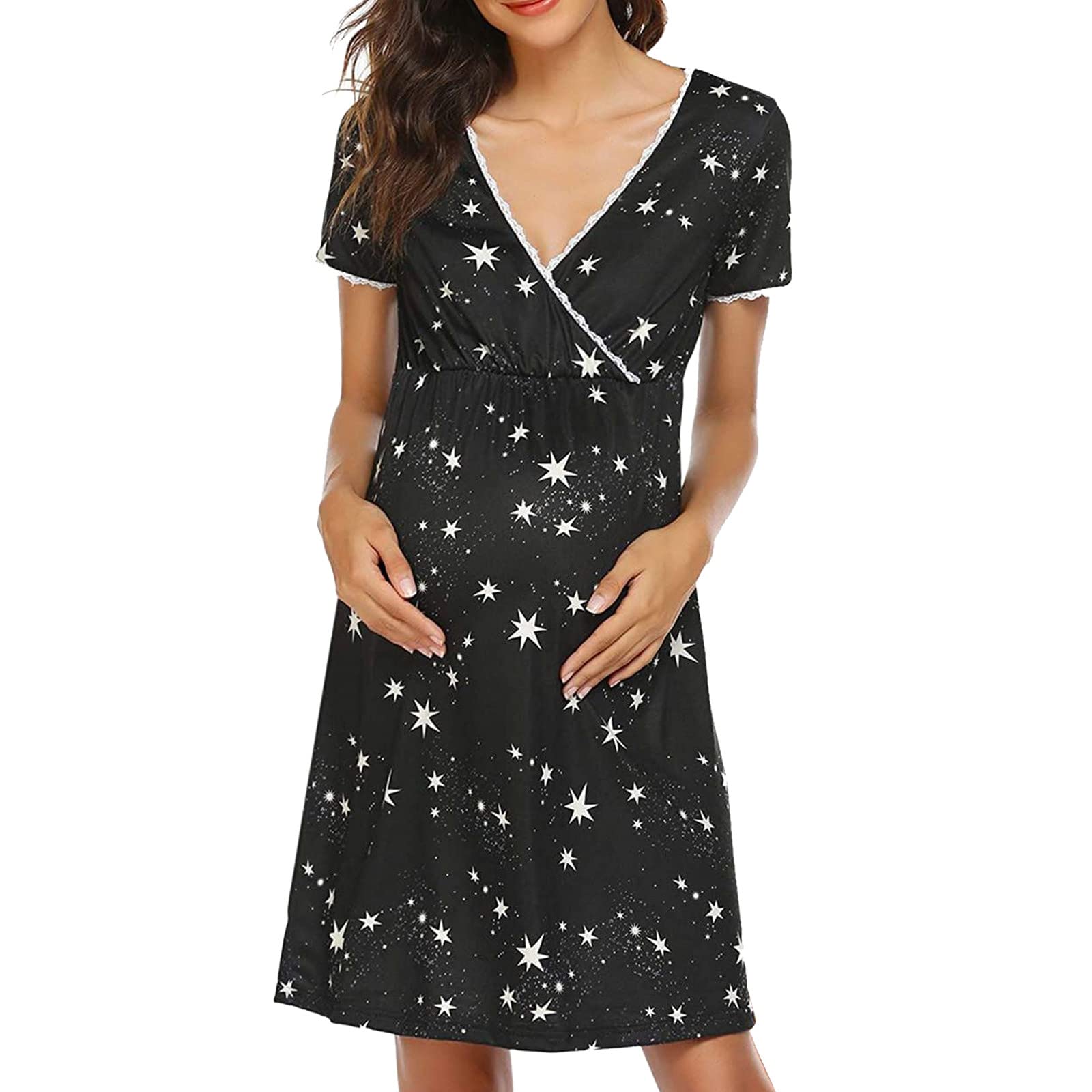 Maternity Dress for Women - Summer Short Sleeve Ruched Pregnancy Dress with Side Split | Comfortable Maternity Midi Dress for Daily Wear, Office, Baby Shower & Maternity Photos