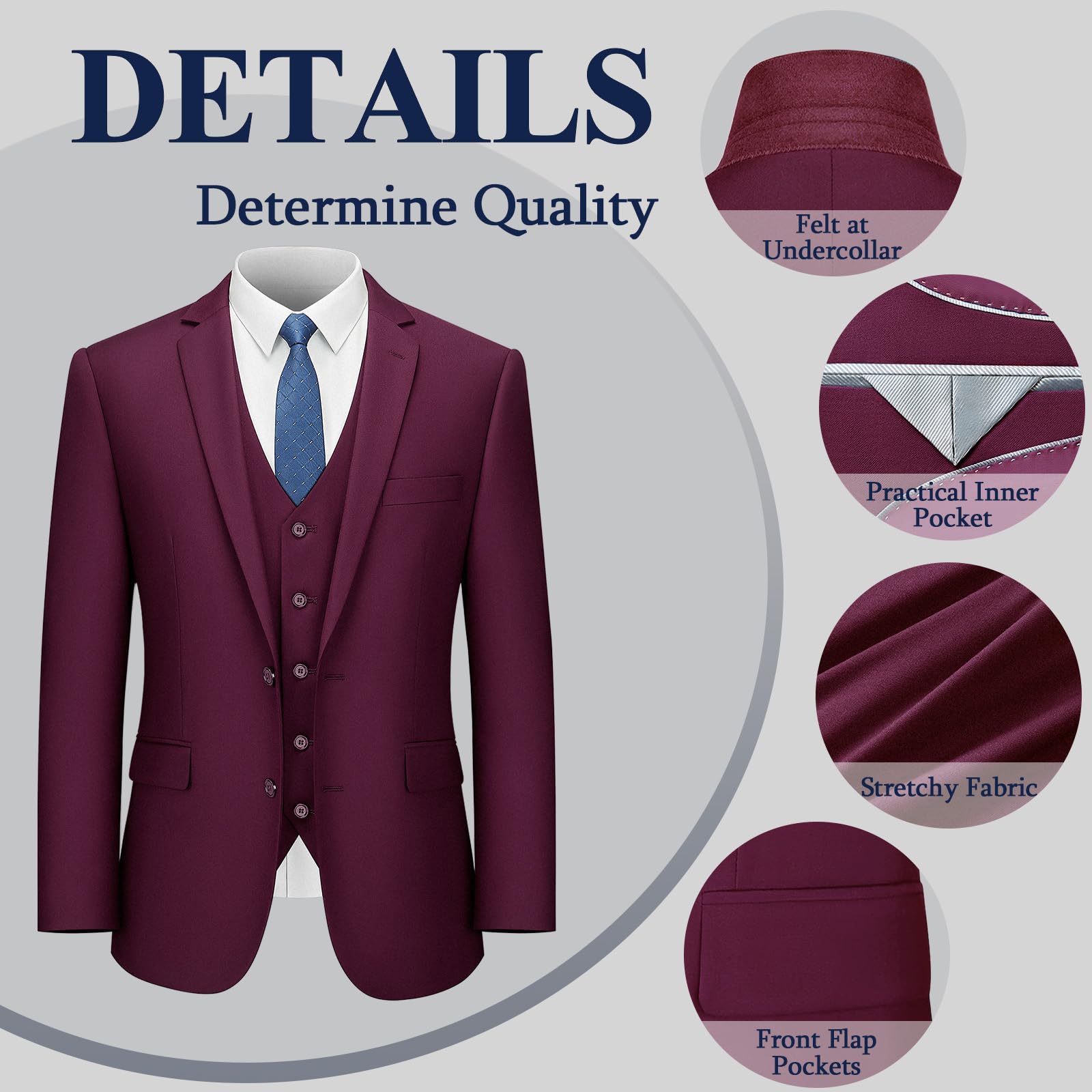 LUPURTY Slim Fit Men's 3-Piece Suit Set - 2 Button Formal Business Suit with Jacket, Vest & Pants - Perfect for Weddings, Office & Special Occasions